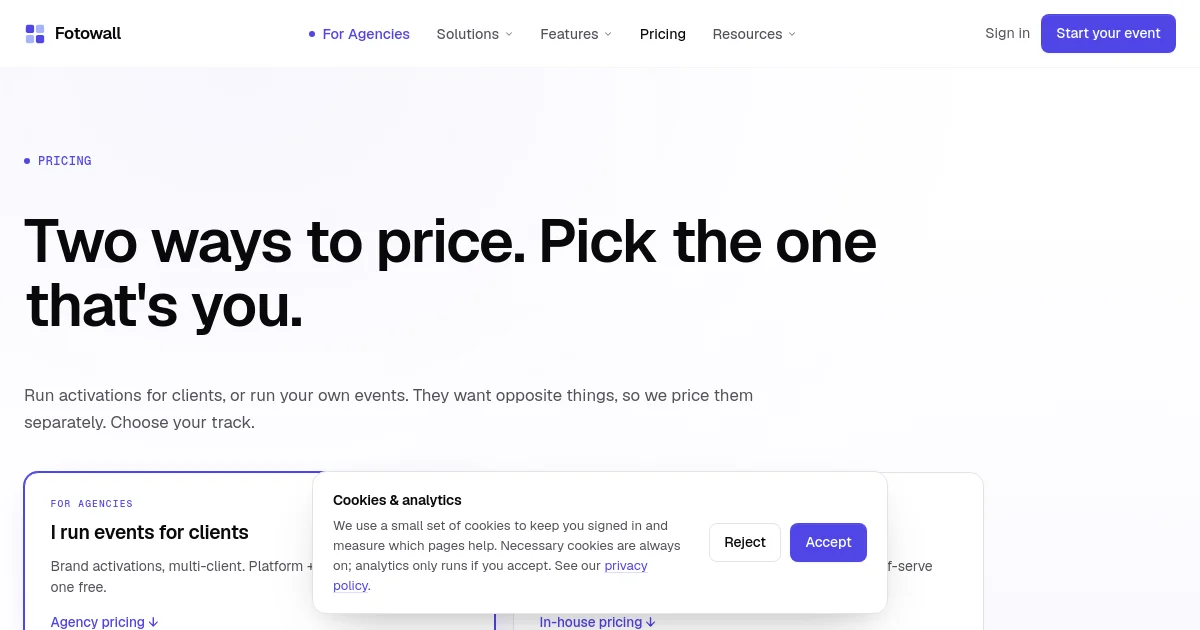 Fotowall pricing page