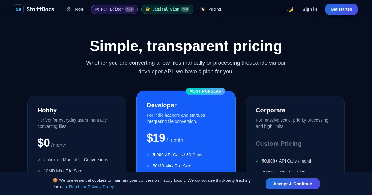 Shiftdocs pricing page