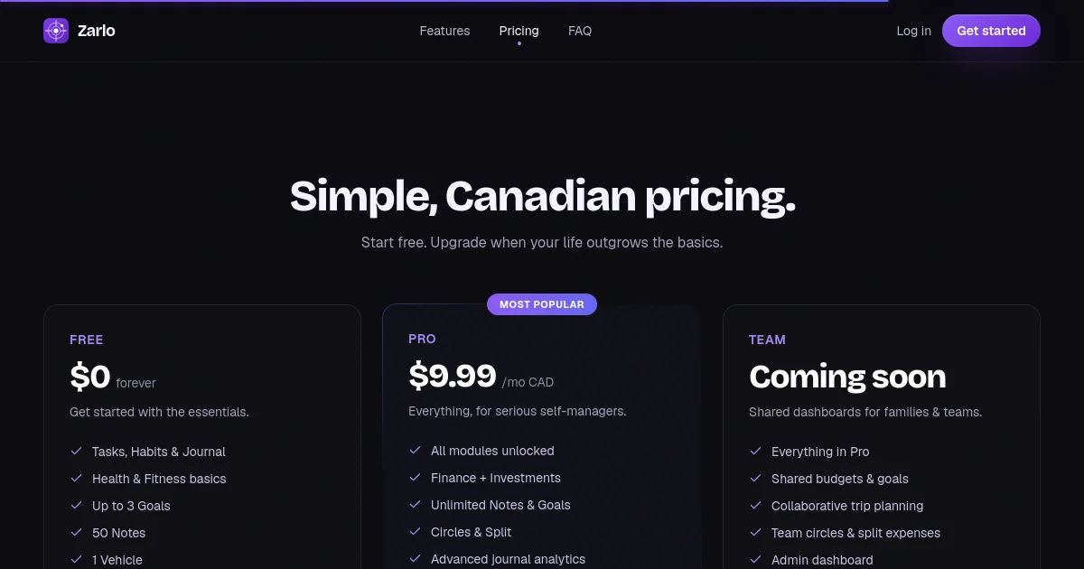 Zarlo pricing page