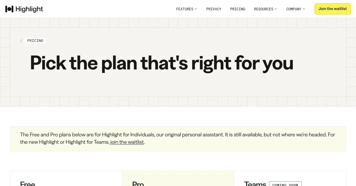 Highlight AI pricing page