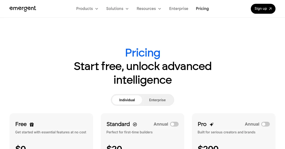 Emergent pricing page