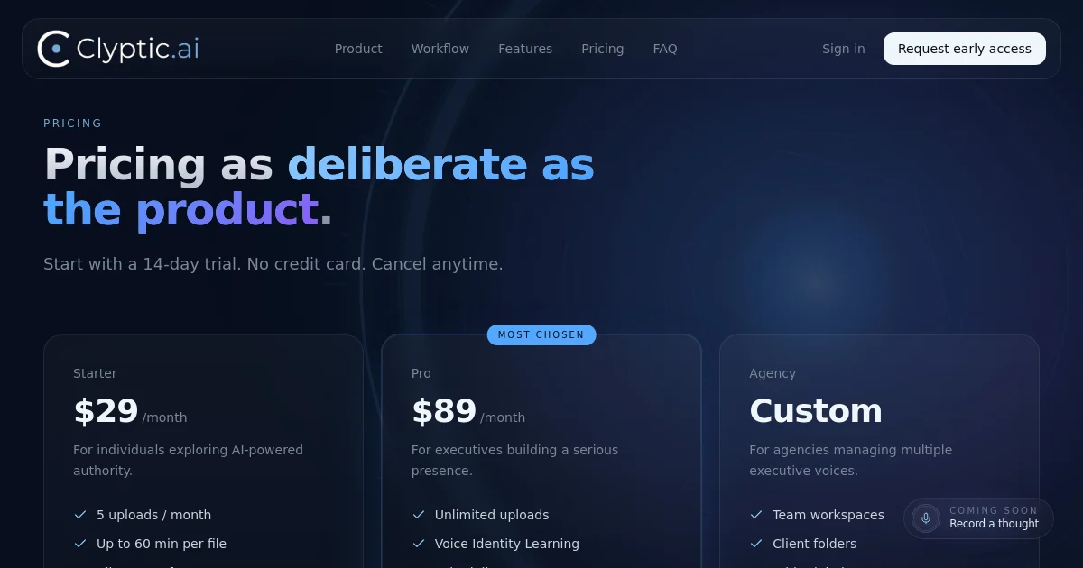 Clyptic pricing page