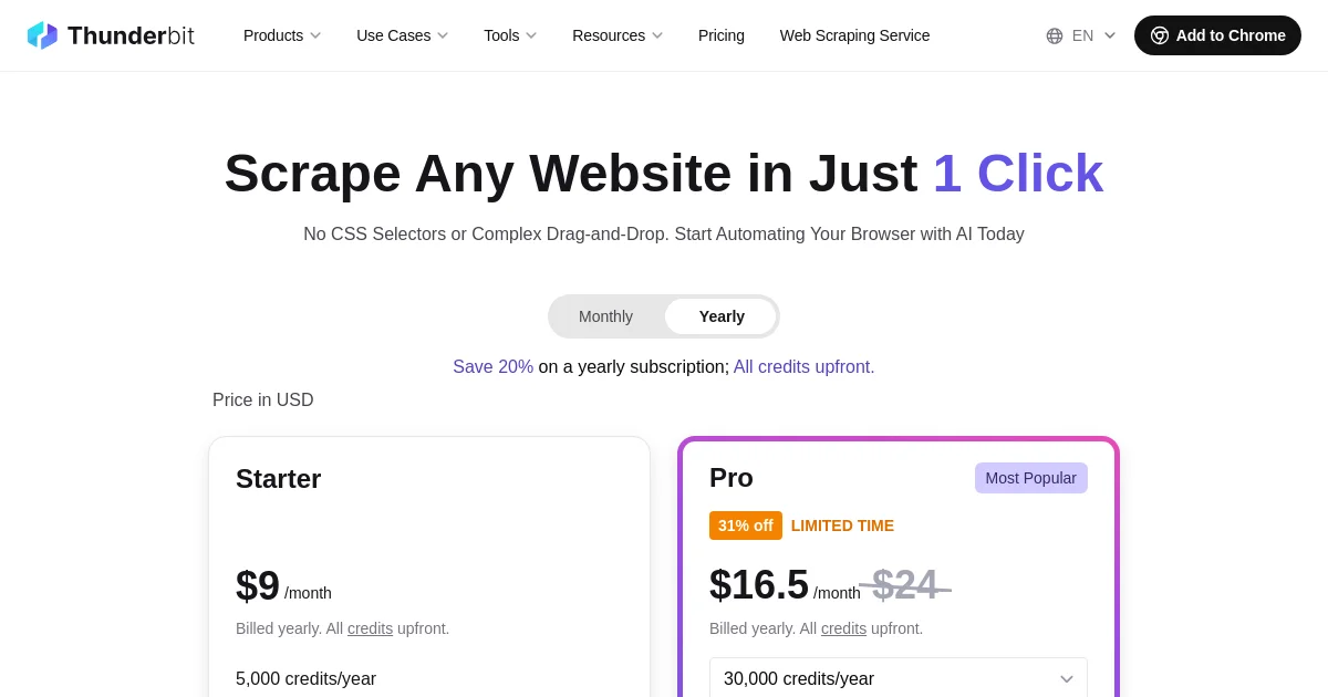 Thunderbit pricing page