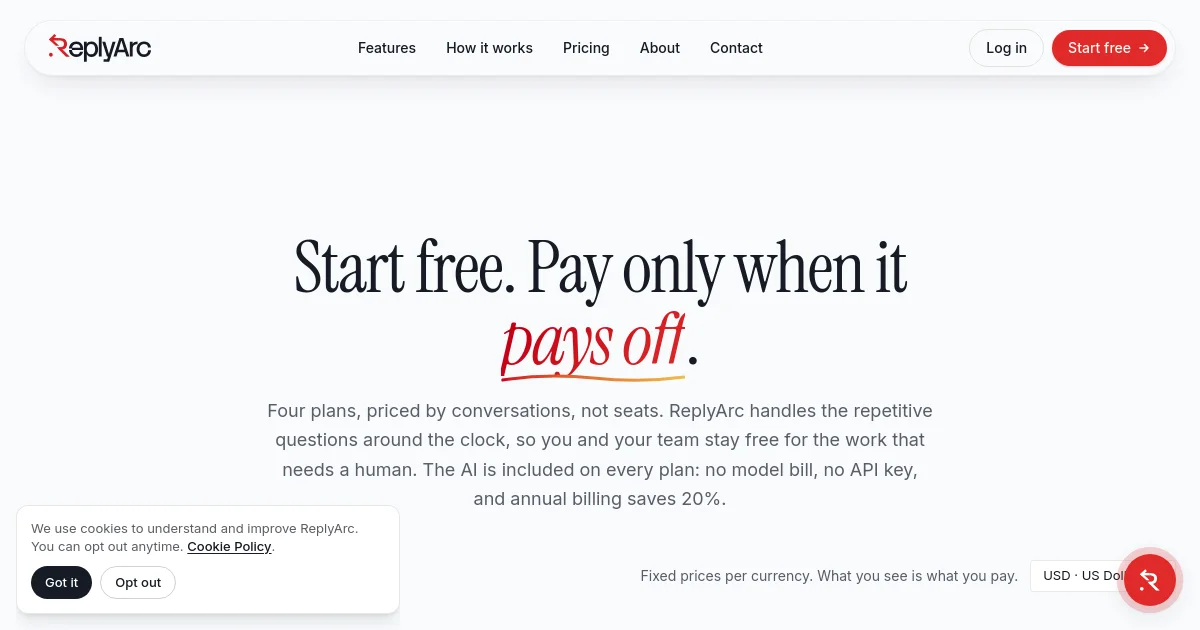 Replyarc pricing page