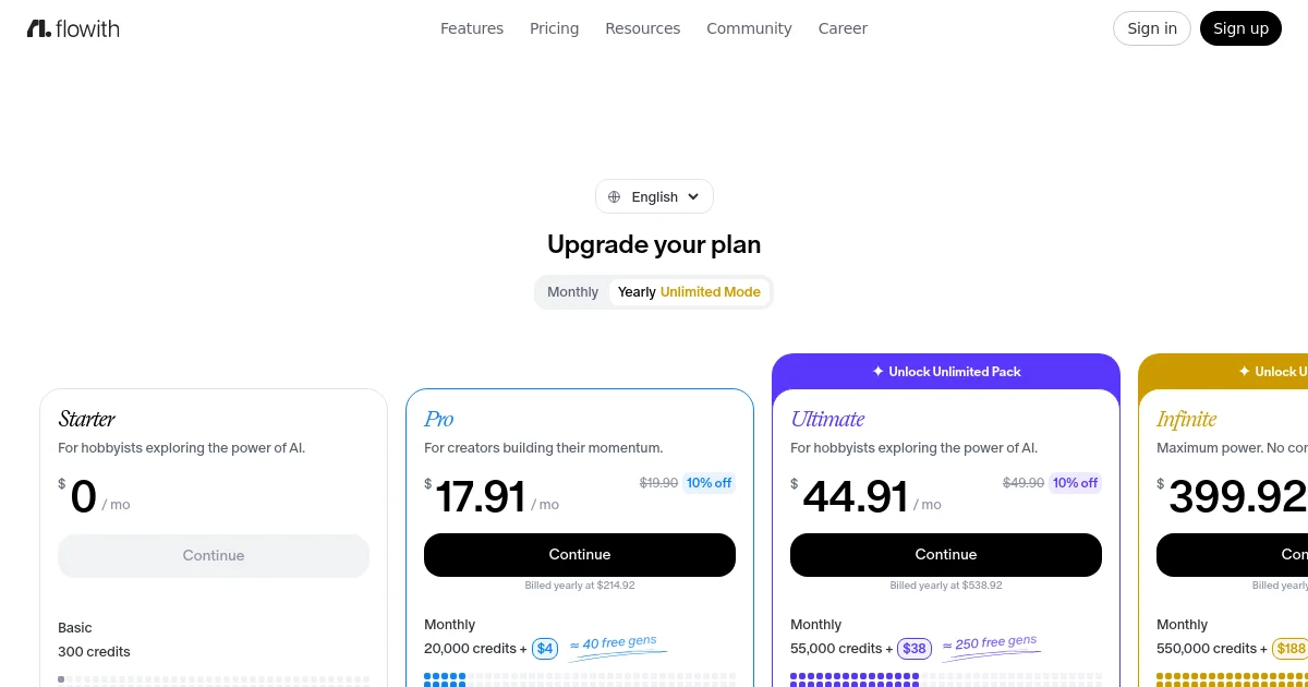 Flowith pricing page