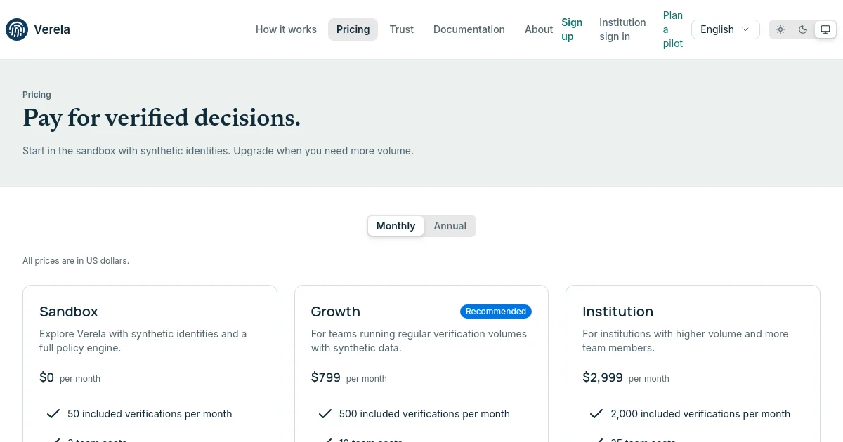 Verela pricing page