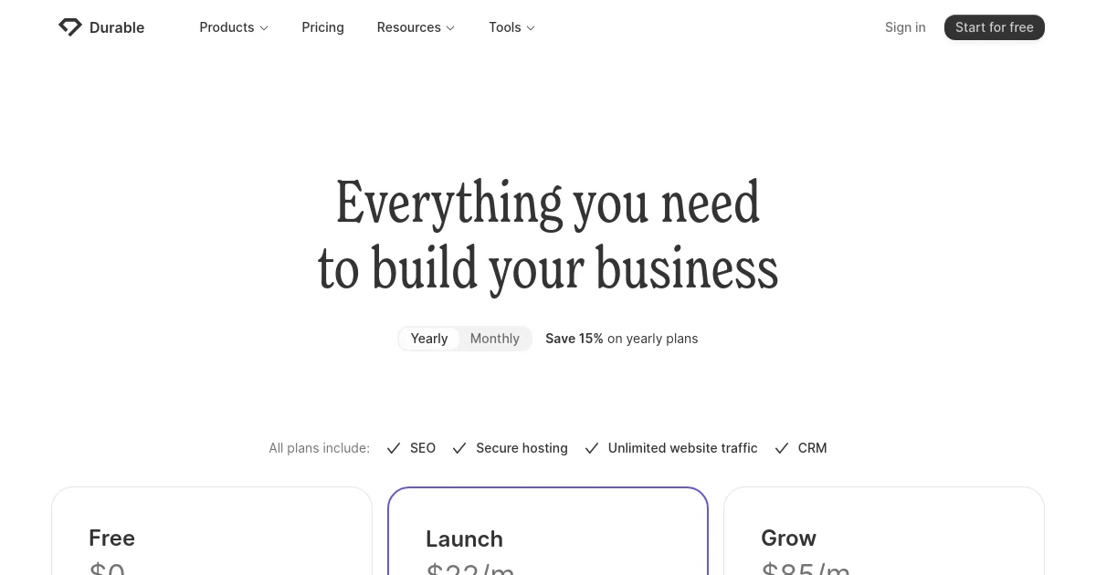 Durable pricing page
