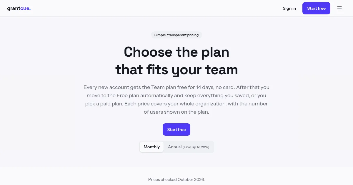 GrantCue pricing page