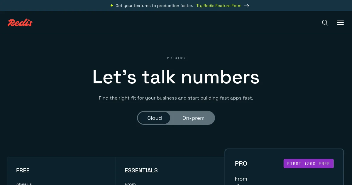 Redis pricing page