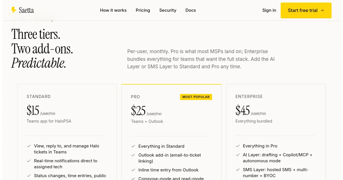Saetta pricing page