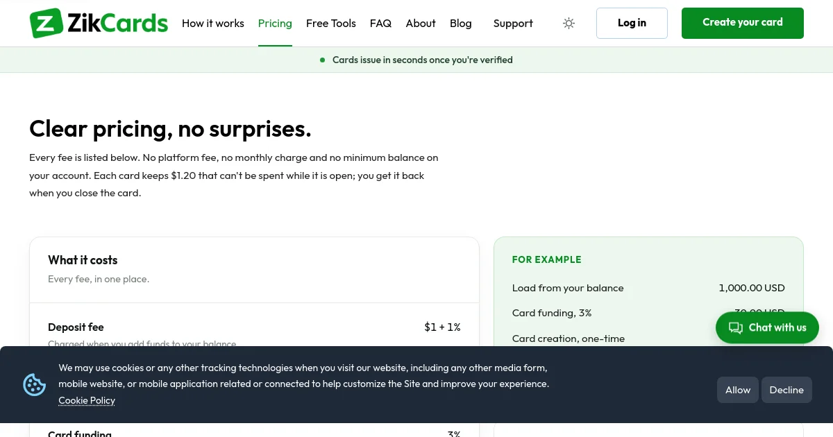 ZikCards pricing page