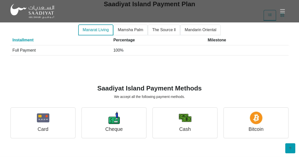 Saadiyat pricing page