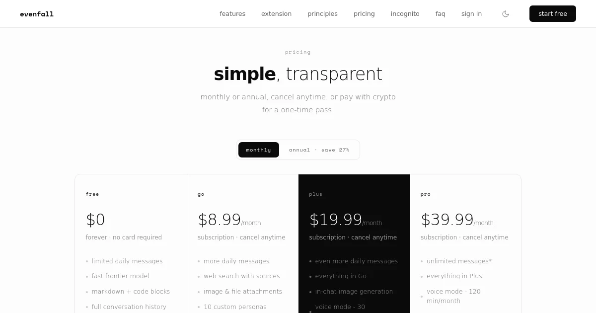 evenfall ai pricing page