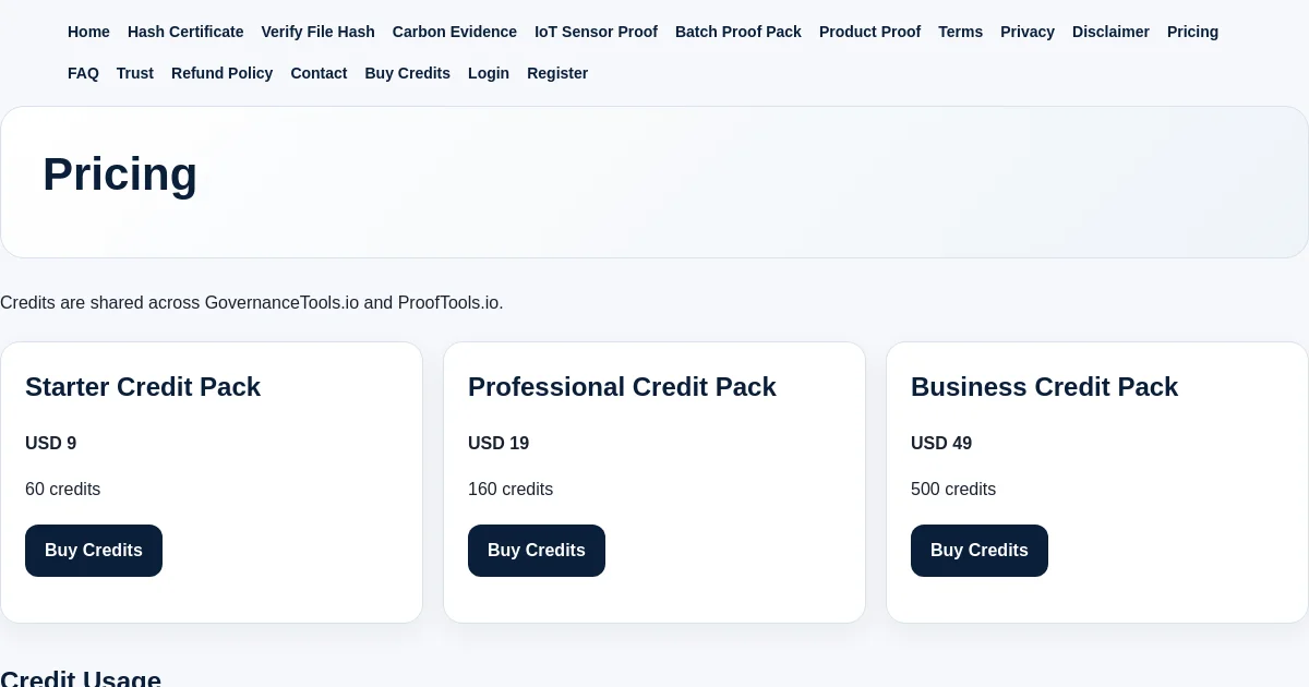 Prooftools pricing page