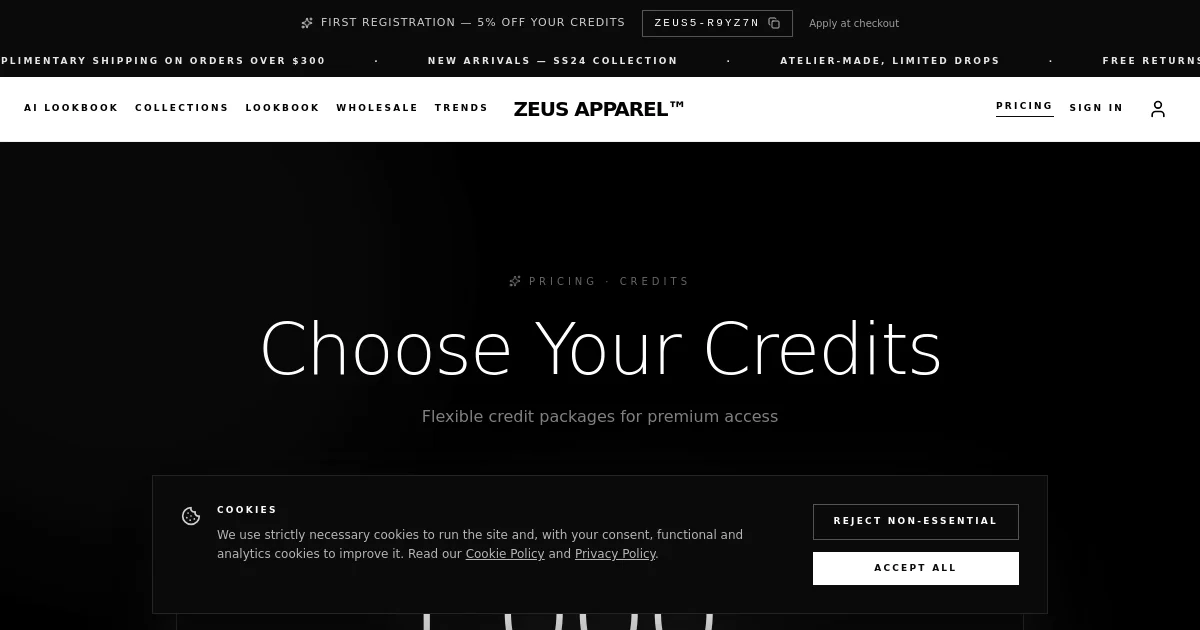 Zeus Apparel pricing page