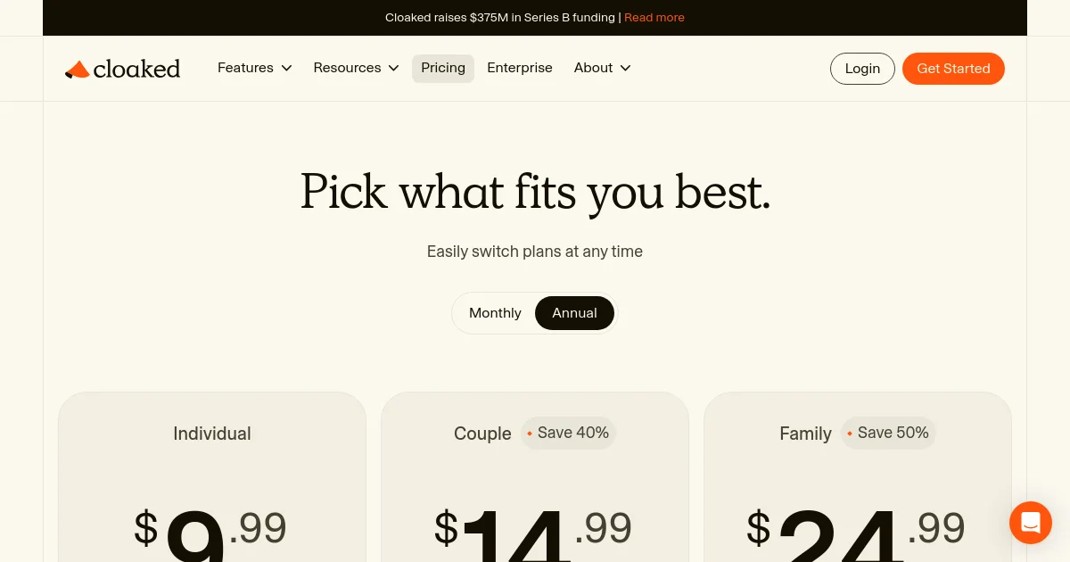 Cloaked pricing page