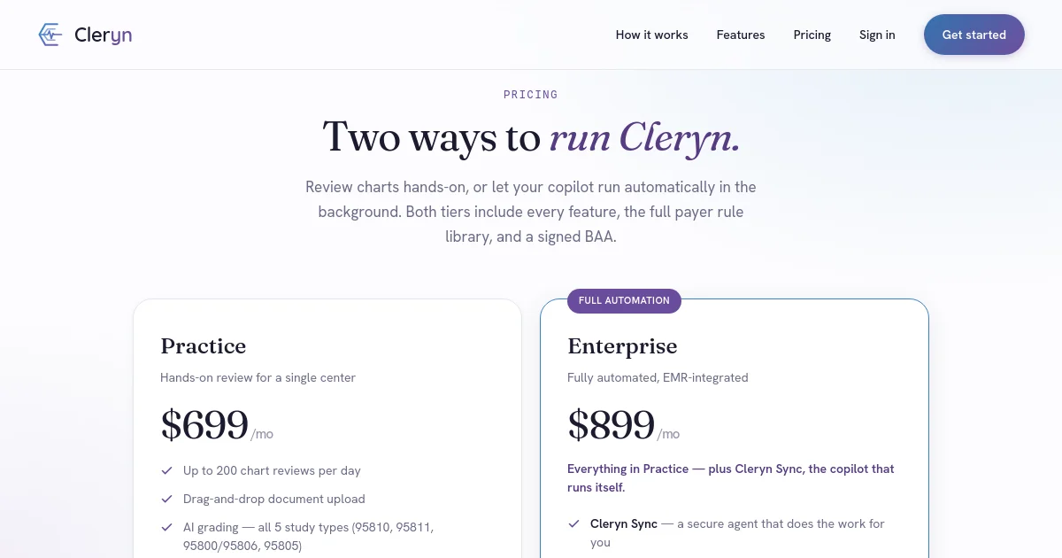 Cleryn pricing page