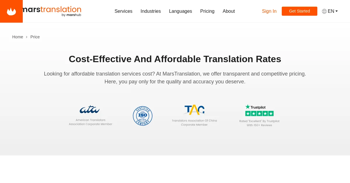 marstranslation pricing page