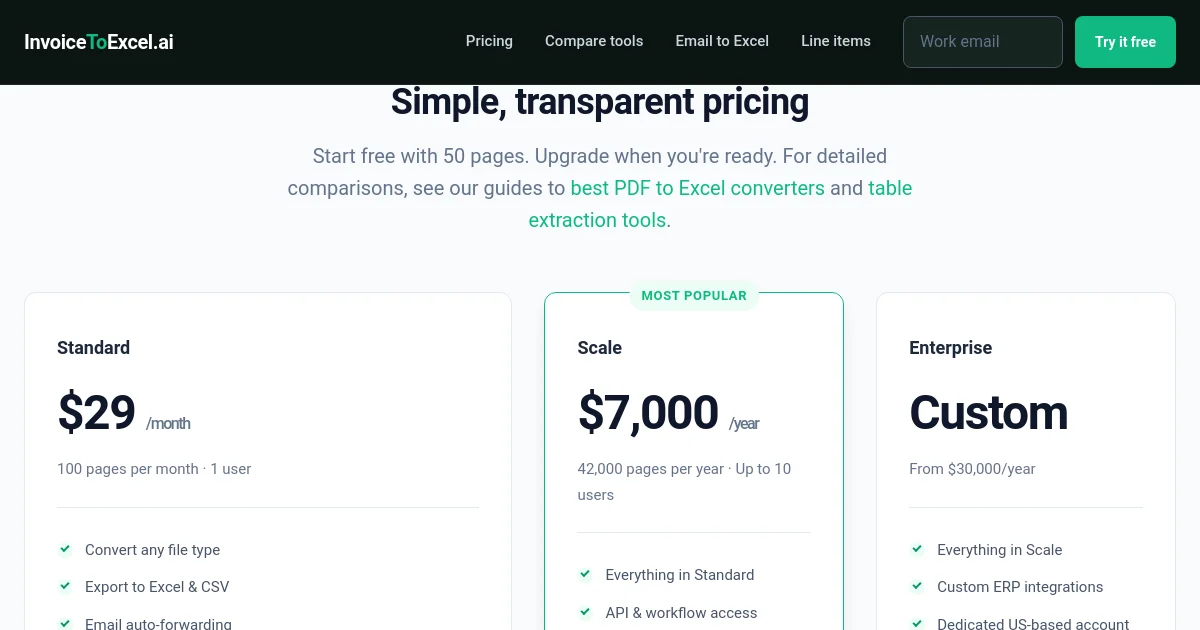 Invoice to Excel AI pricing page
