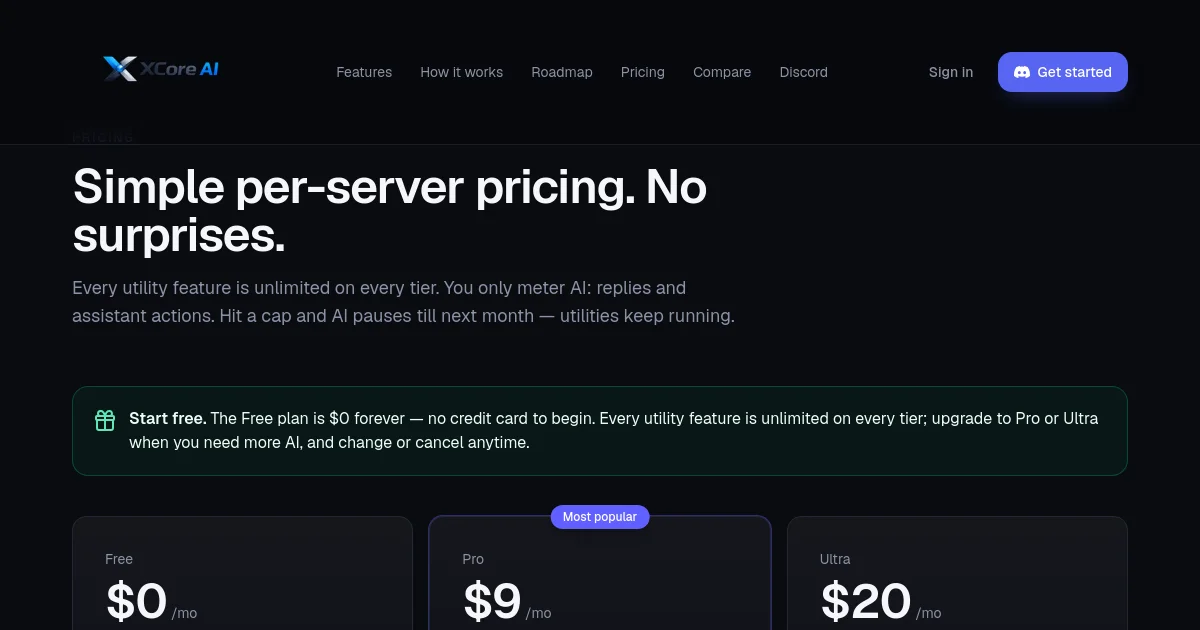 Xcoreai pricing page