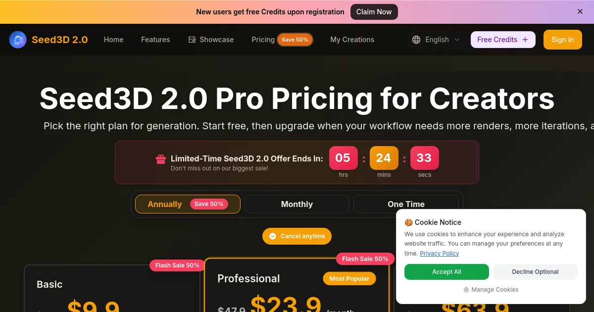 seed3d 2.0 pricing page