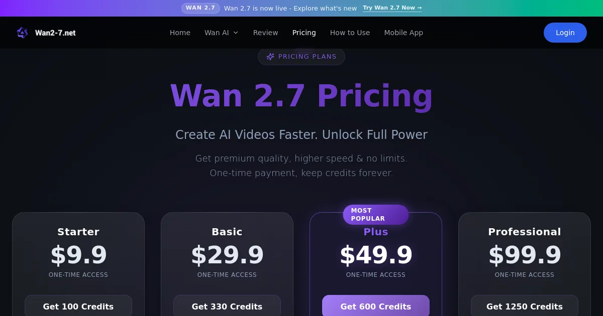 Wan 2.7 AI pricing page