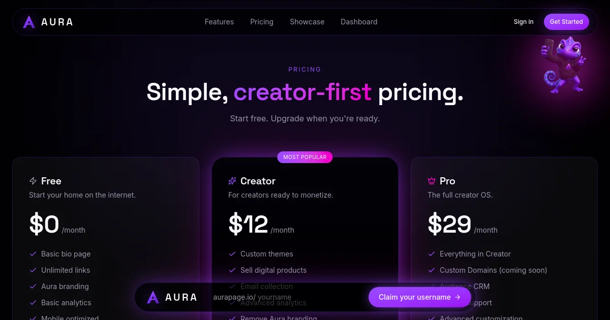 Aurapage pricing page