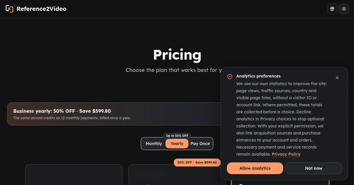 Reference2Video pricing page