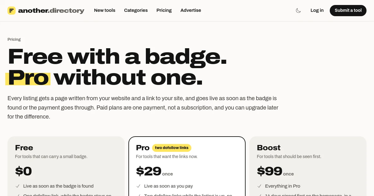 Another Directory pricing page