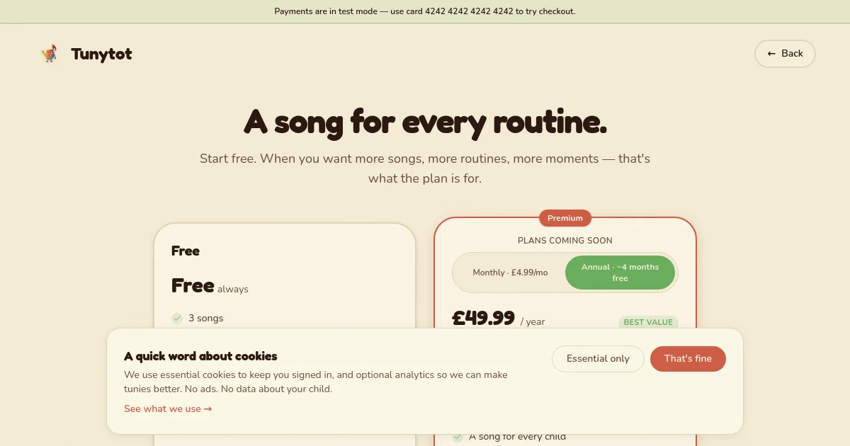 Tunytot pricing page
