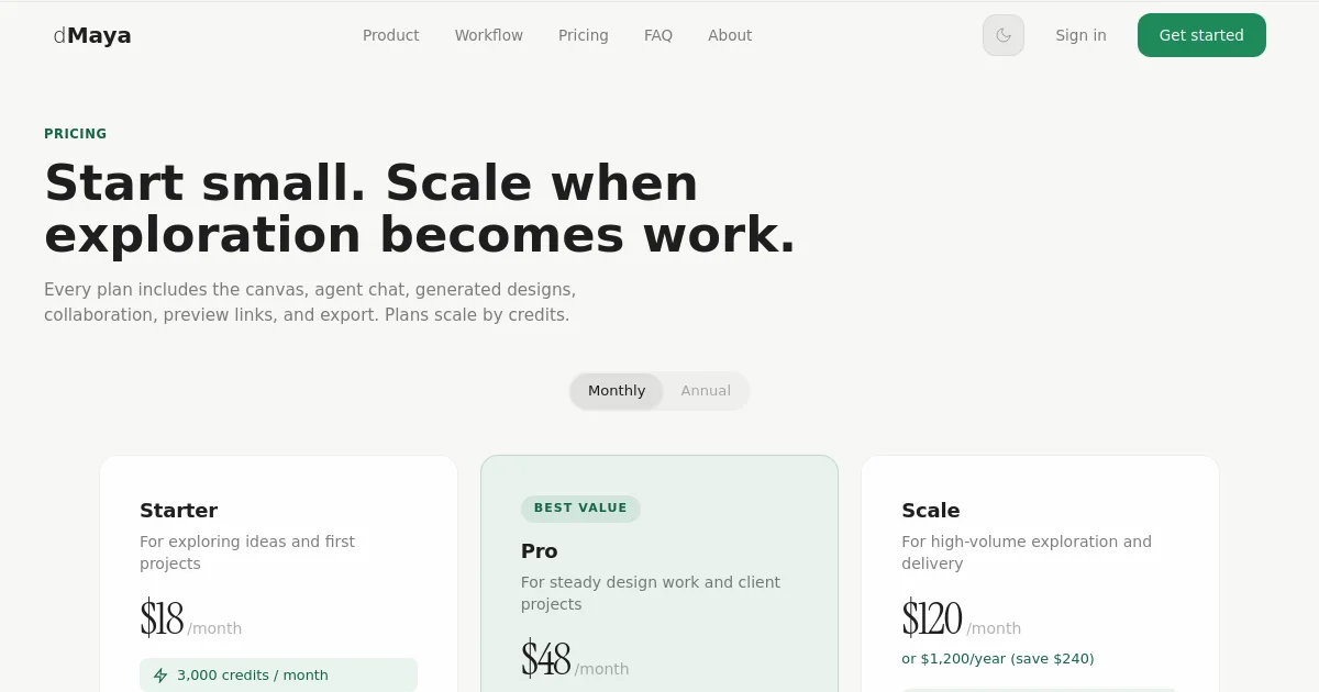 dMaya pricing page