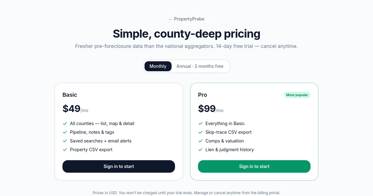 Propertyprobe pricing page