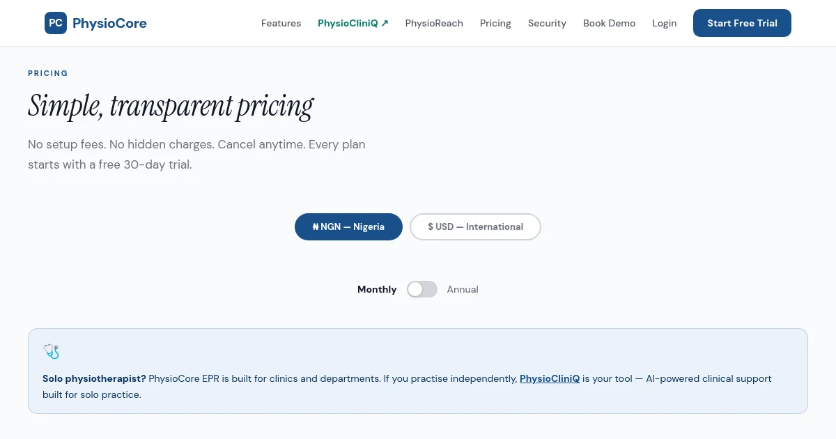 Physiocore pricing page
