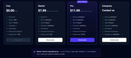 Notte AI Workspace pricing page