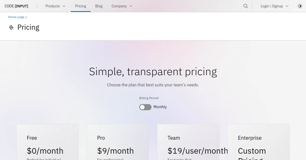 Code Input pricing page