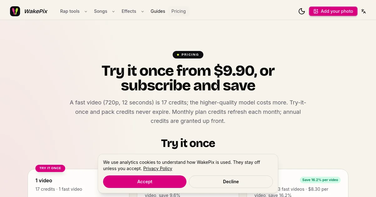 WakePix pricing page