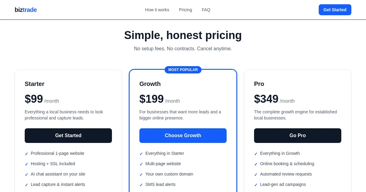 Biztrade pricing page