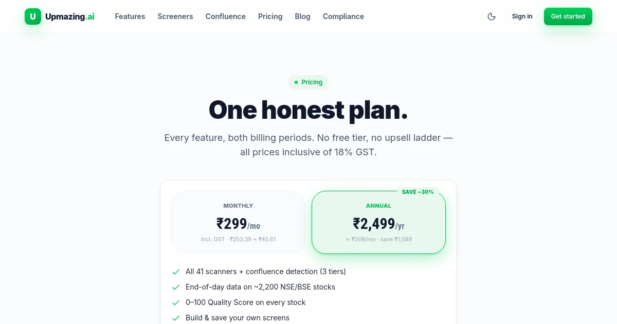 Upmazing pricing page