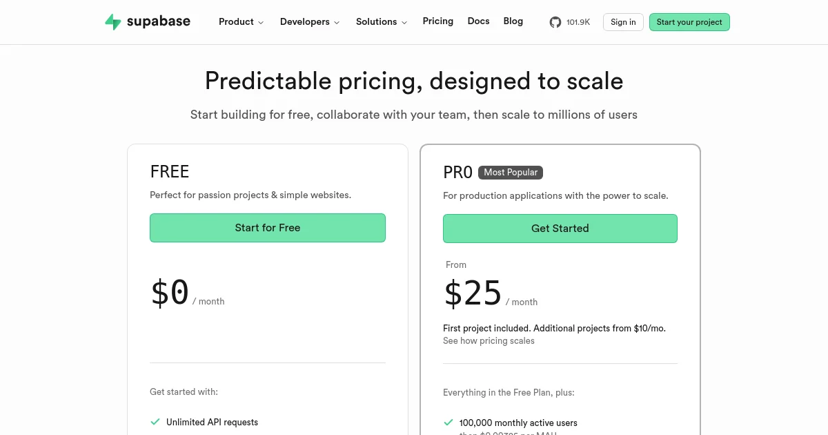 Supabase pricing page