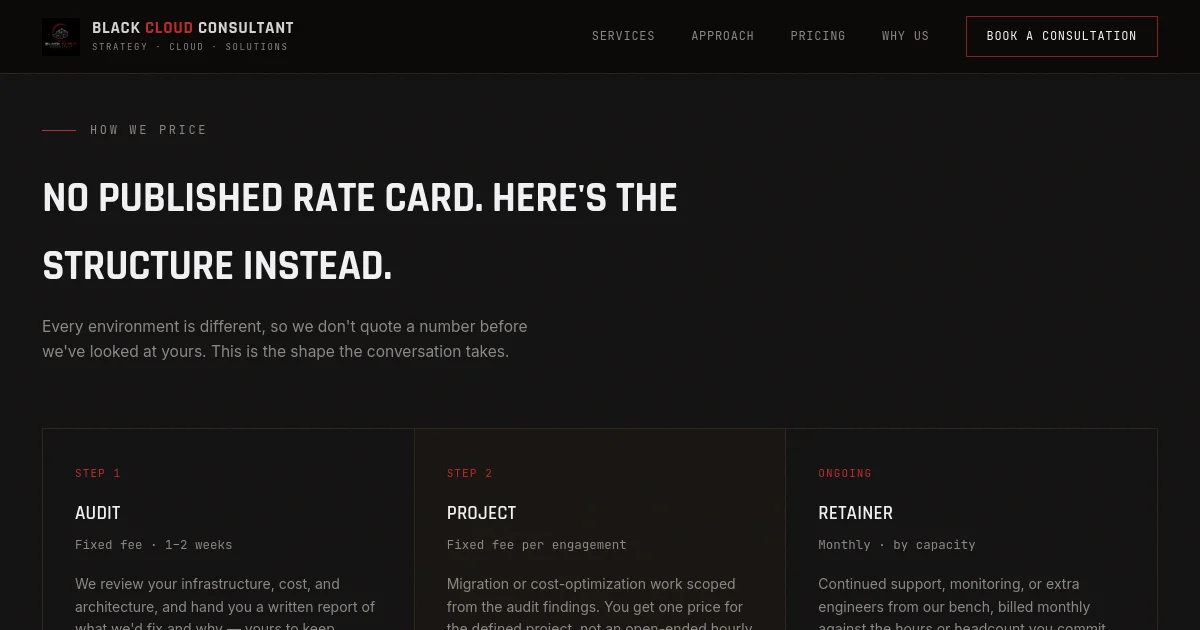 Black Cloud Consultancy pricing page