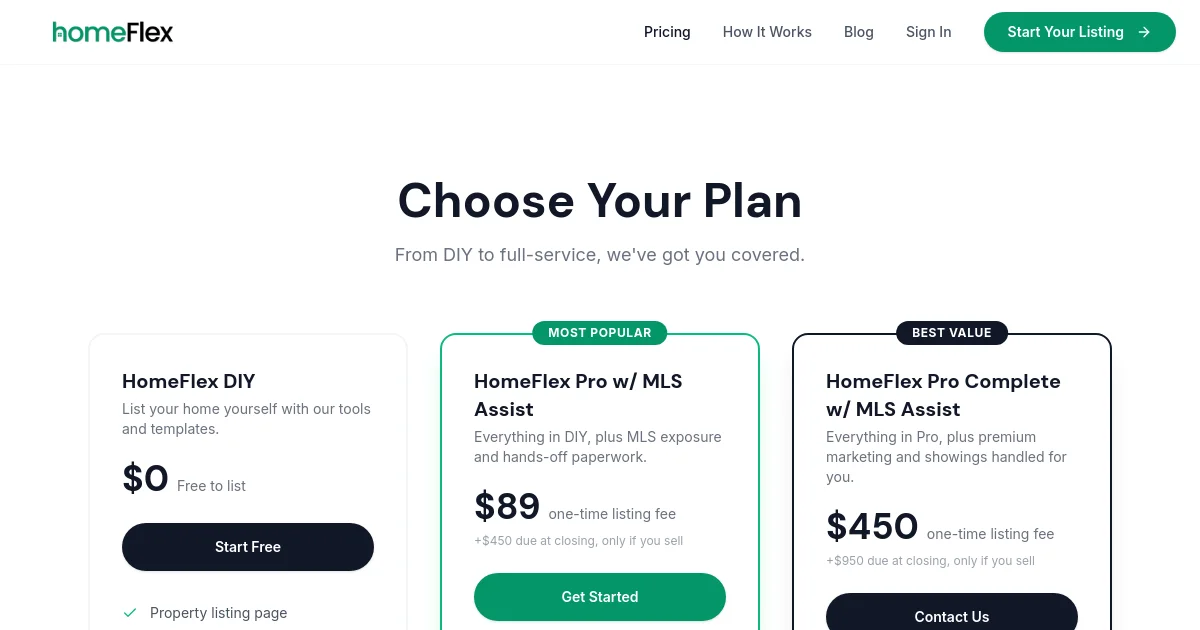 Homeflex pricing page
