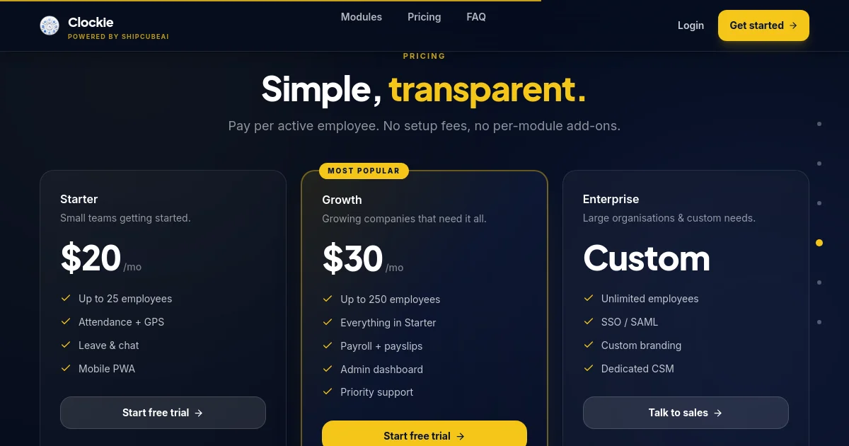 Clockie pricing page