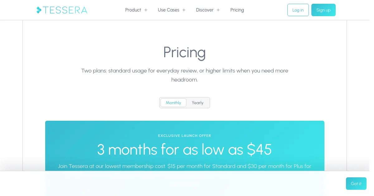 Tessera Trades pricing page