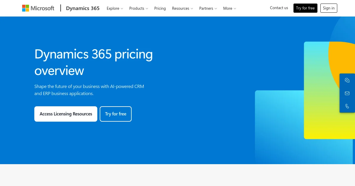 Microsoft Dynamics 365 pricing page