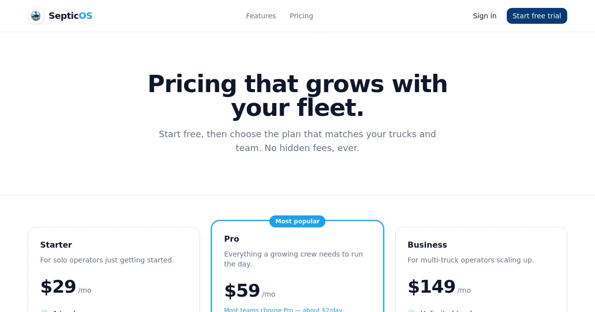 Septicos pricing page