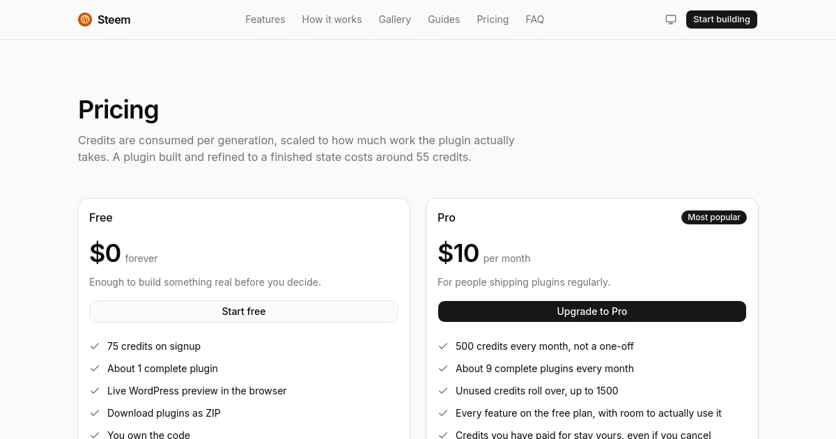 Steem pricing page