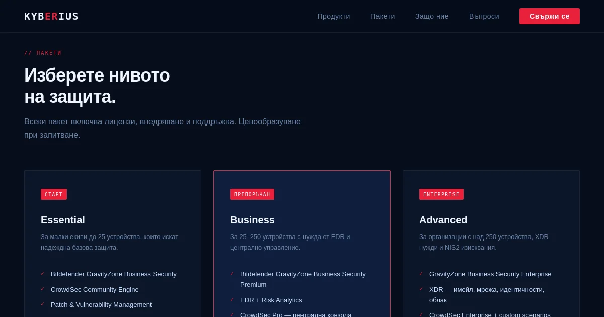 Kyberius pricing page
