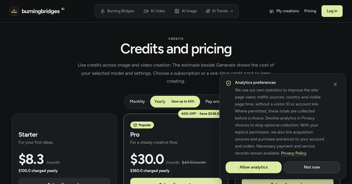 Burning Bridges AI pricing page
