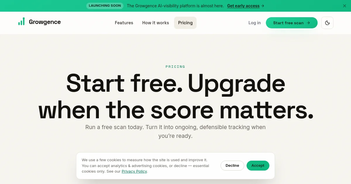 Growgence pricing page