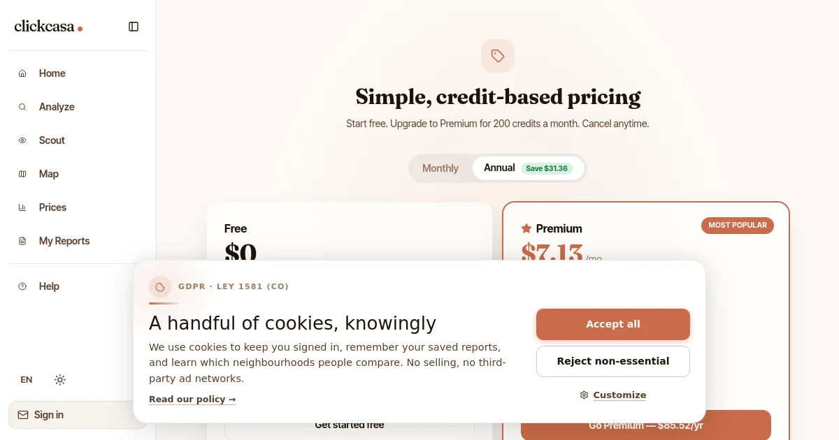 Clickcasa pricing page